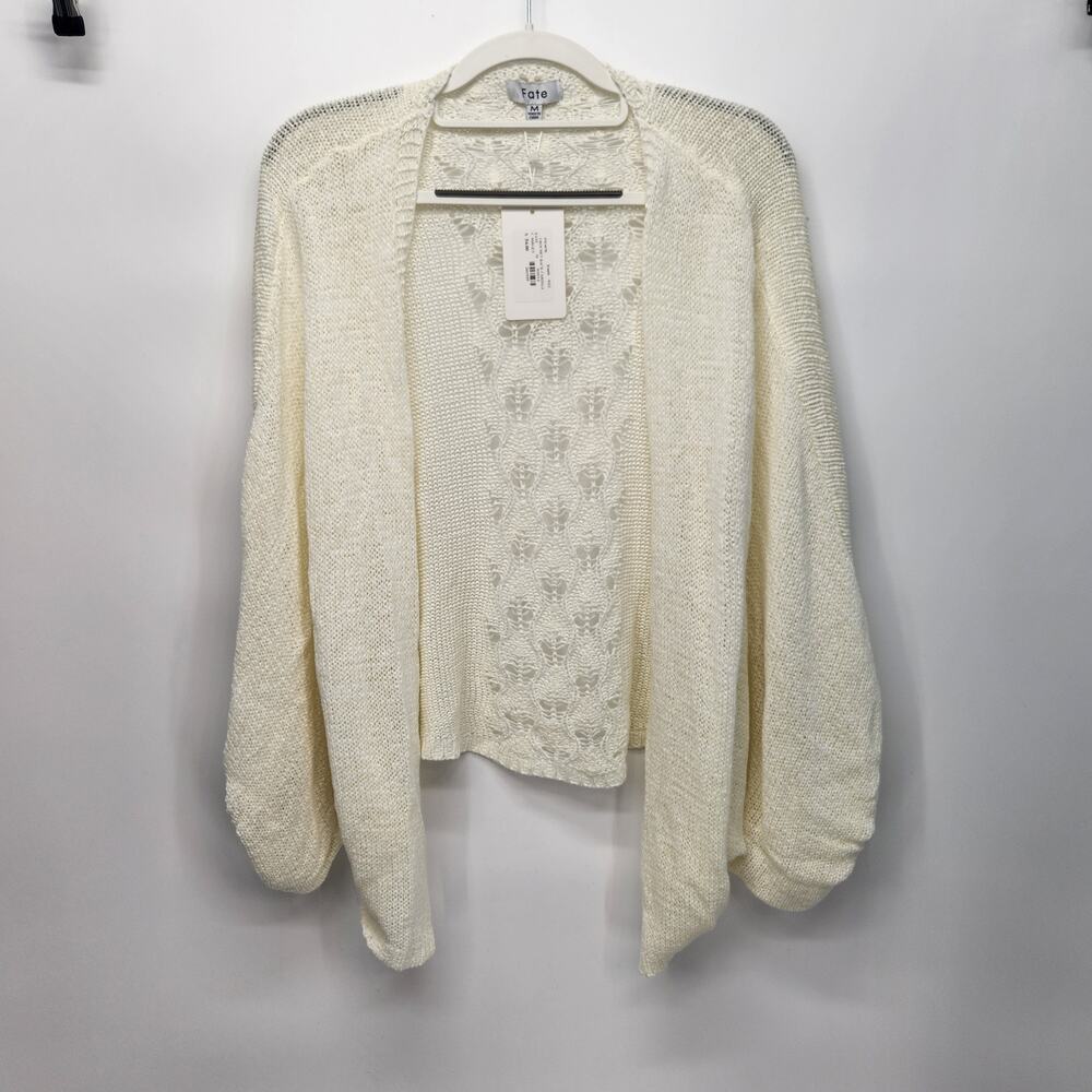 NWT Fate Creamy White Crochet Back‎ Knit Sweater Open Cardigan Women's M